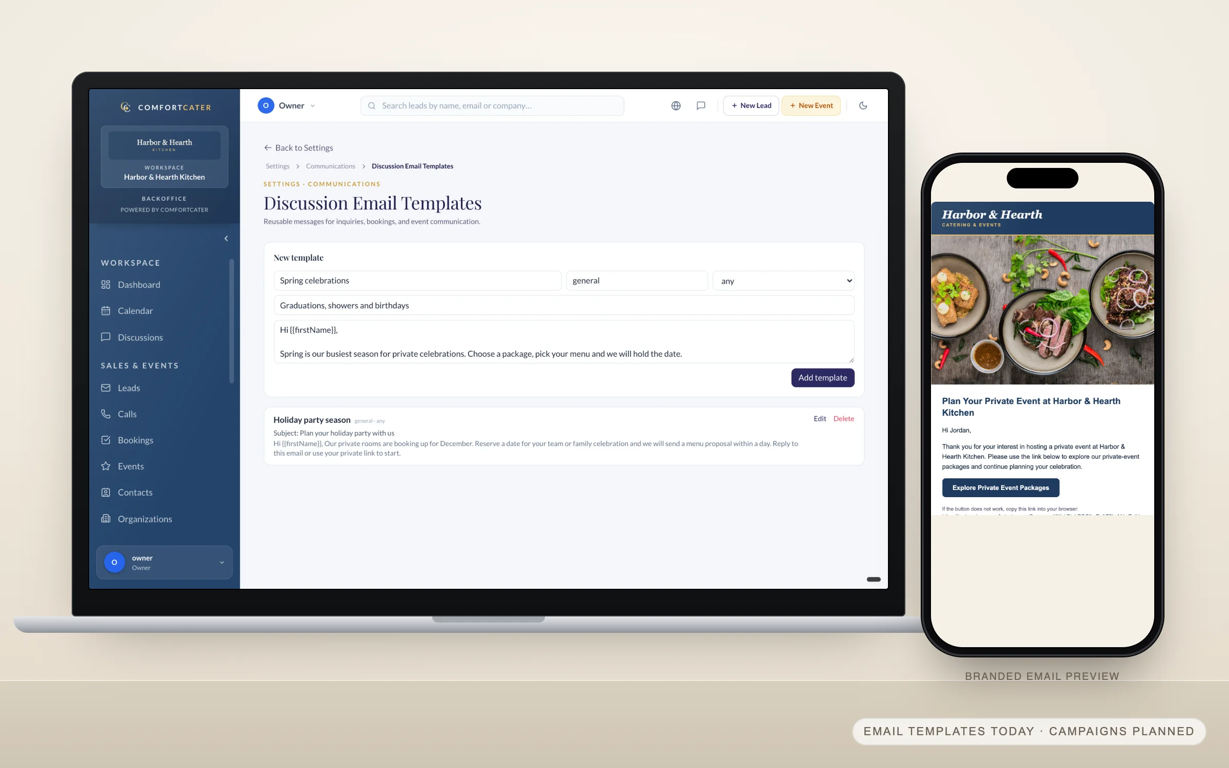 ComfortCater email template editor on a laptop, beside a branded guest email on a phone