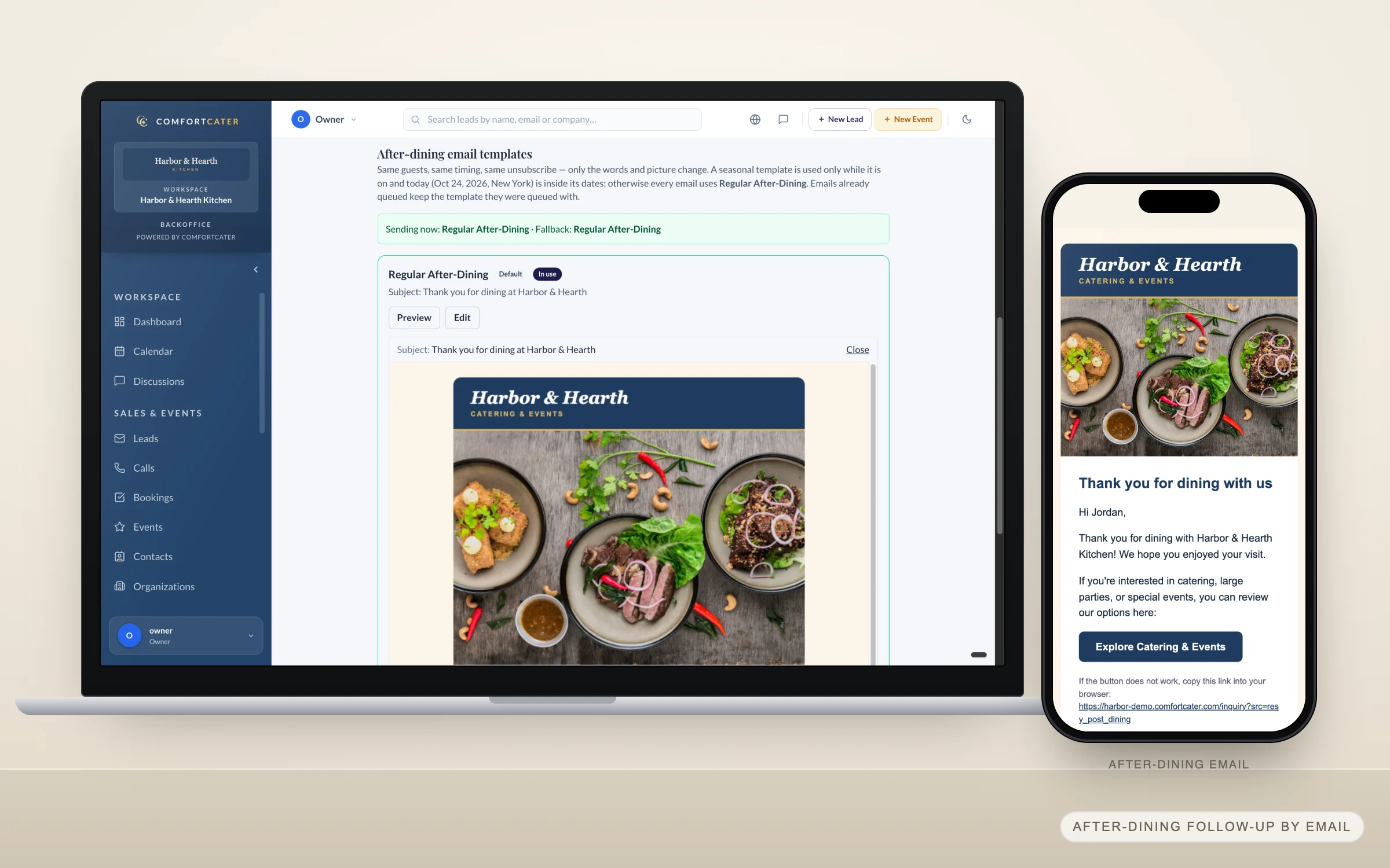 ComfortCater after-dining email template and preview on a laptop, beside the branded thank-you email on the guest’s phone
