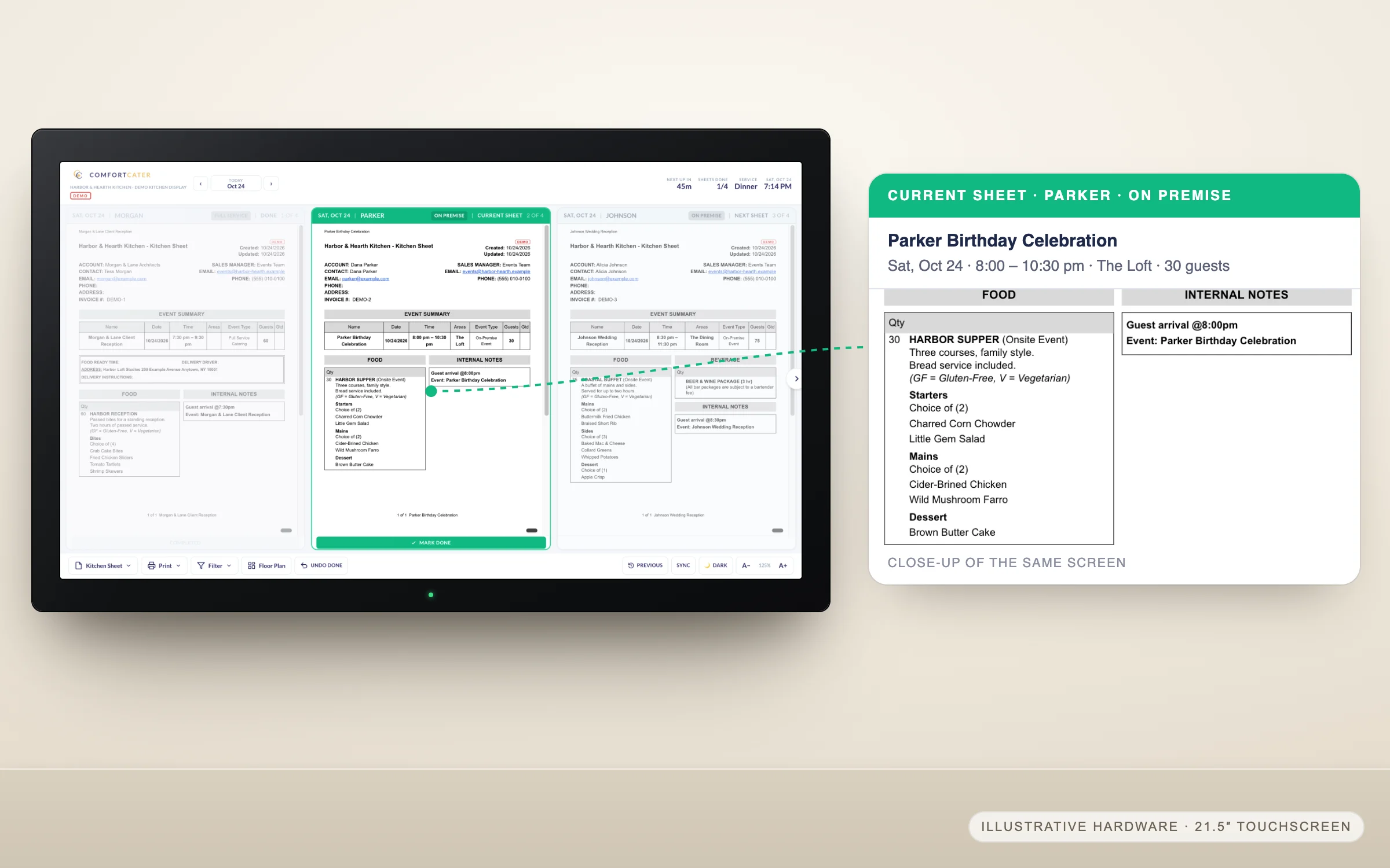 A 21.5-inch touchscreen running the ComfortCater Kitchen Display: today’s sheets for a client reception (done), a birthday dinner for 30 (current sheet) and a wedding reception for 75 (next), with a close-up of the current sheet’s menu and notes