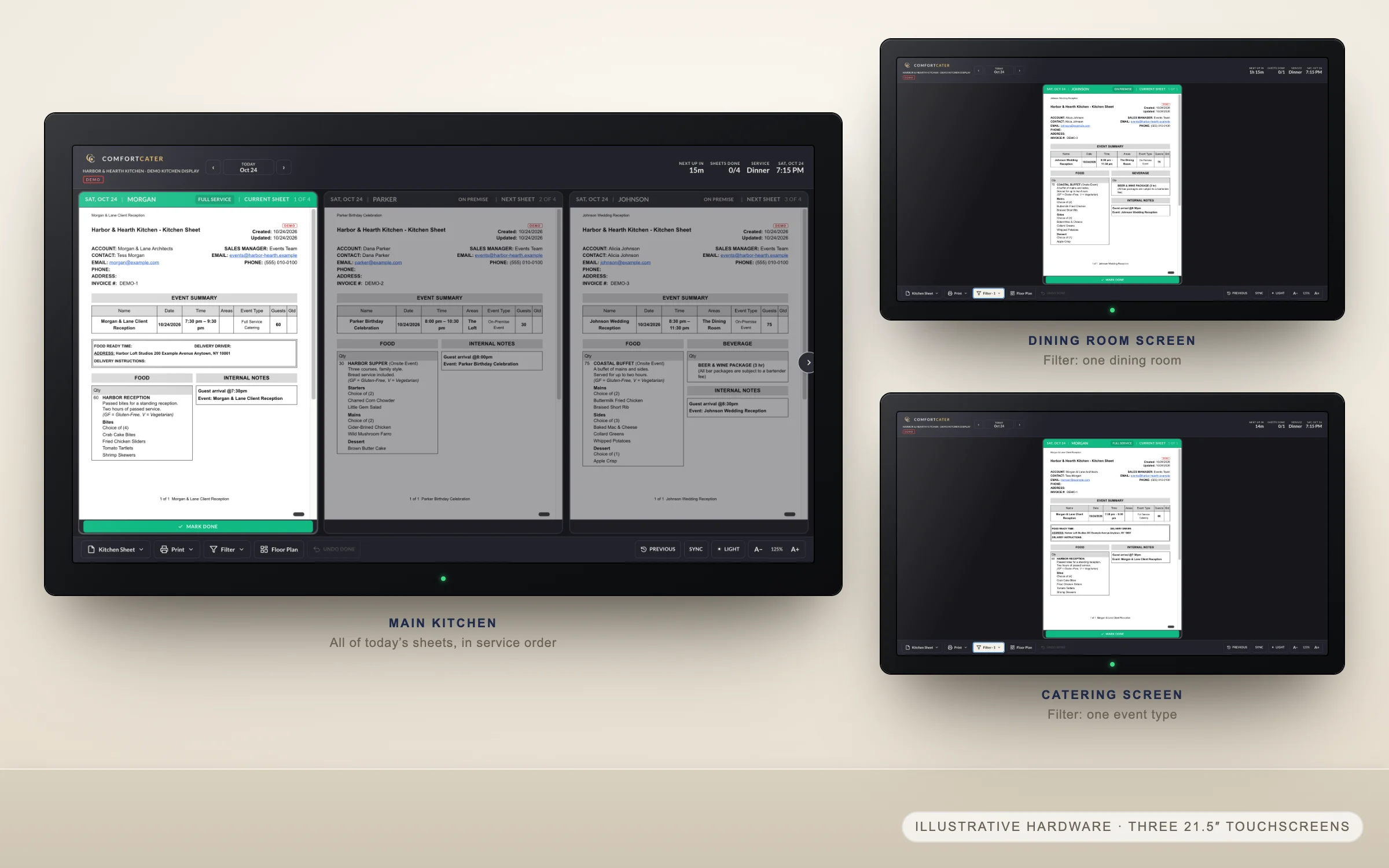Three kitchen touchscreens running ComfortCater with different views: every sheet of the day, one dining room’s sheet, and the catering sheets only