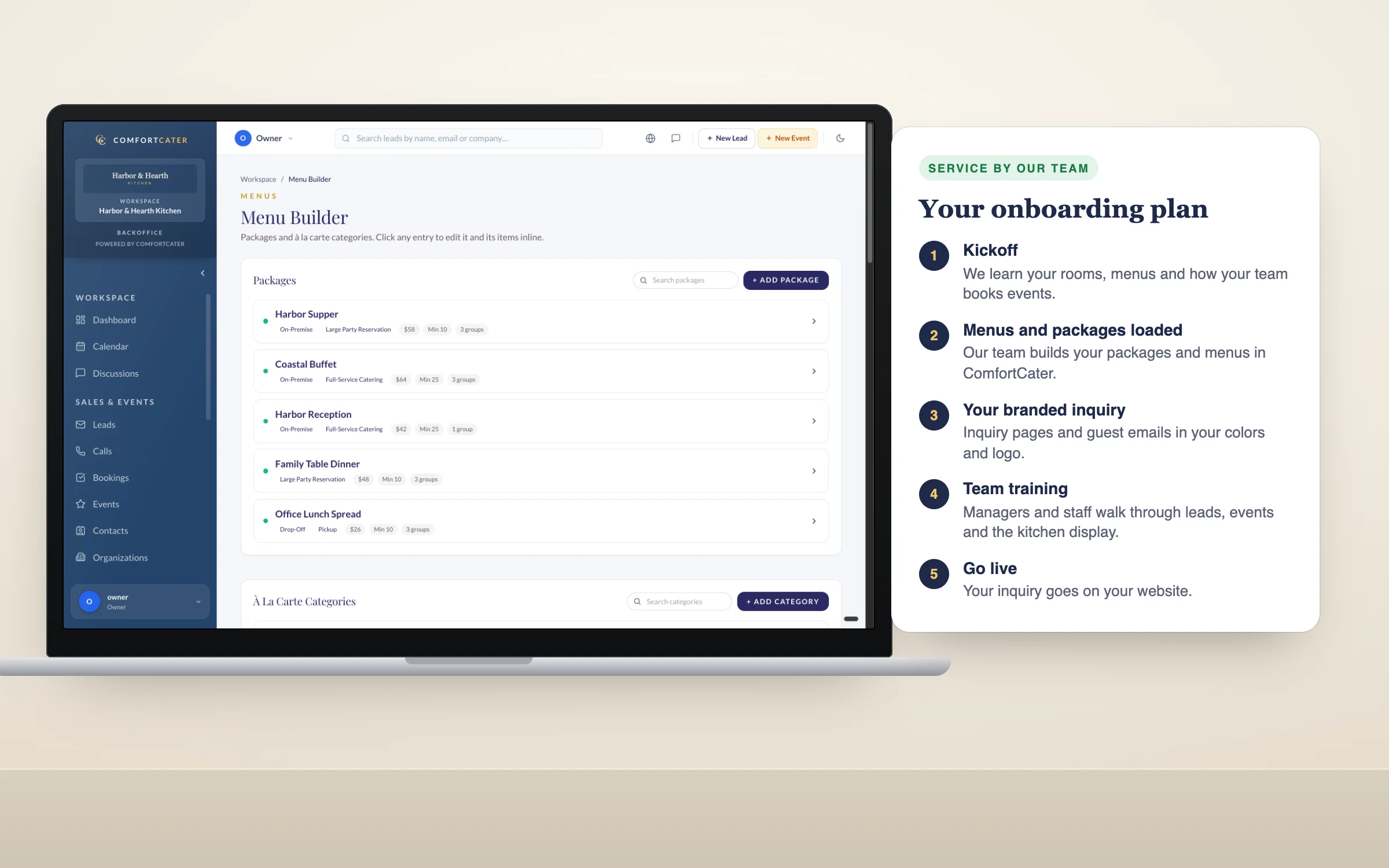ComfortCater Menu Builder on a laptop beside the five steps of an onboarding plan, from kickoff to go-live