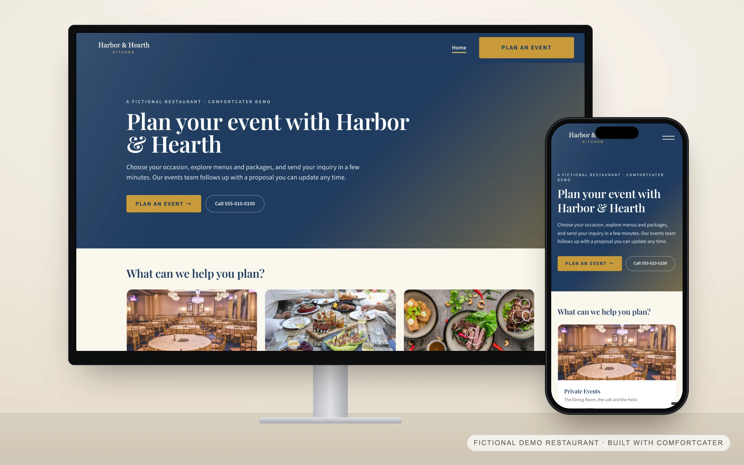 A restaurant website built with ComfortCater on a desktop monitor and on a phone, with Book an event in the header