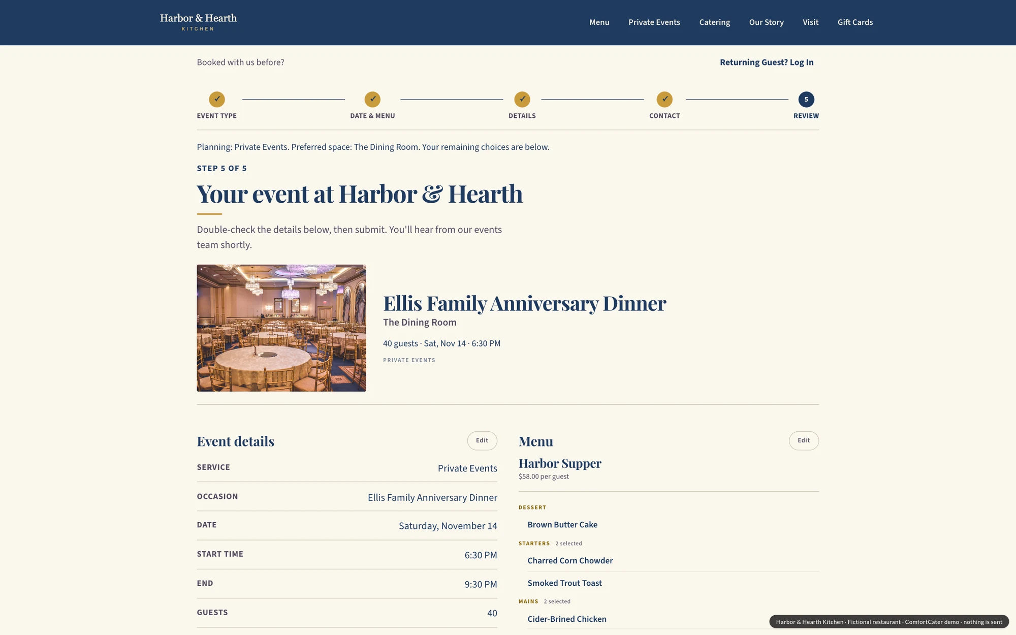 Inquiry Step 5: the guest reviews the event, room, date, guests and chosen menu before submitting