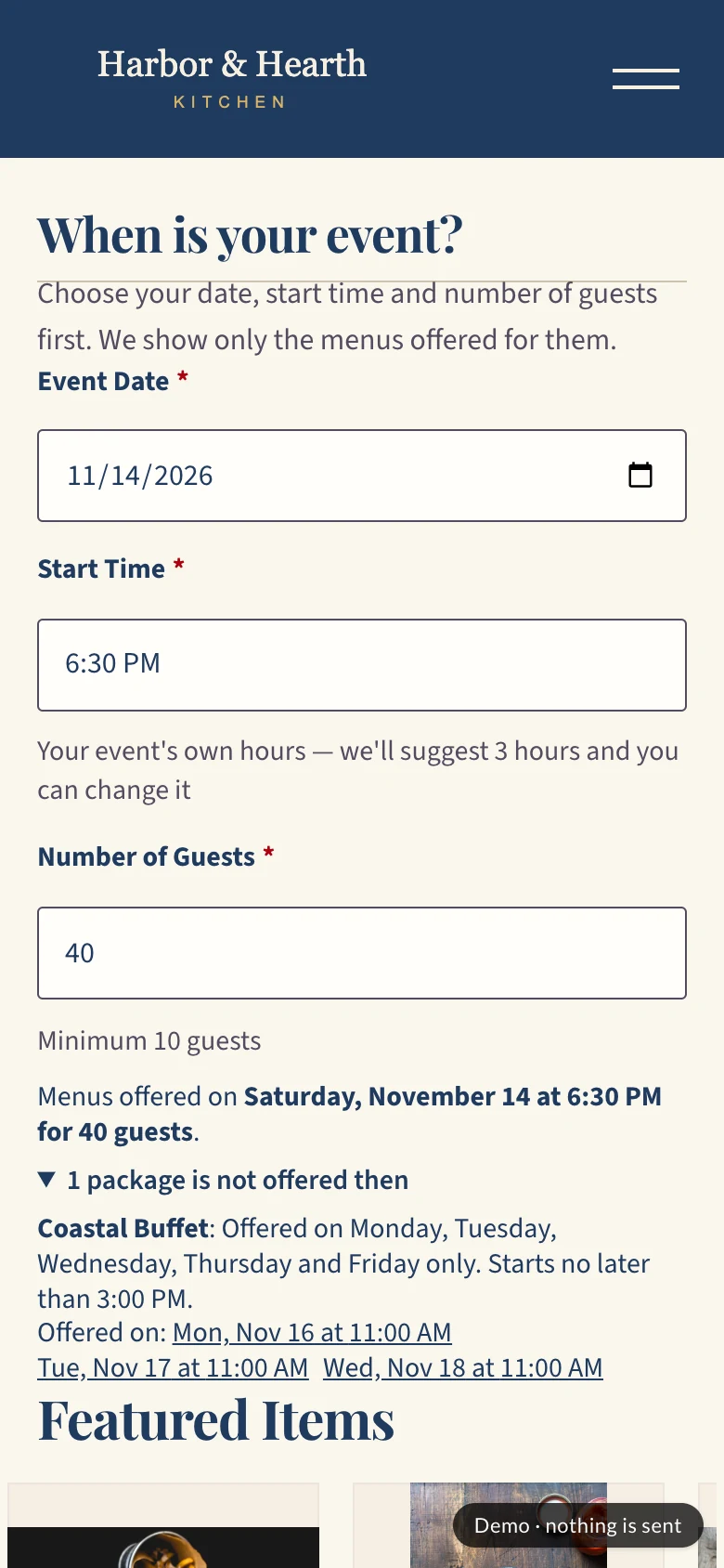 The same Step 2 on a phone: date, time and guests, the menus offered, and the package that is not