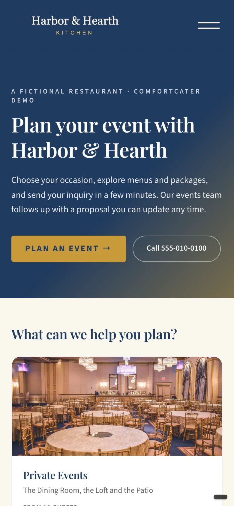 Restaurant homepage on a phone, Classic design