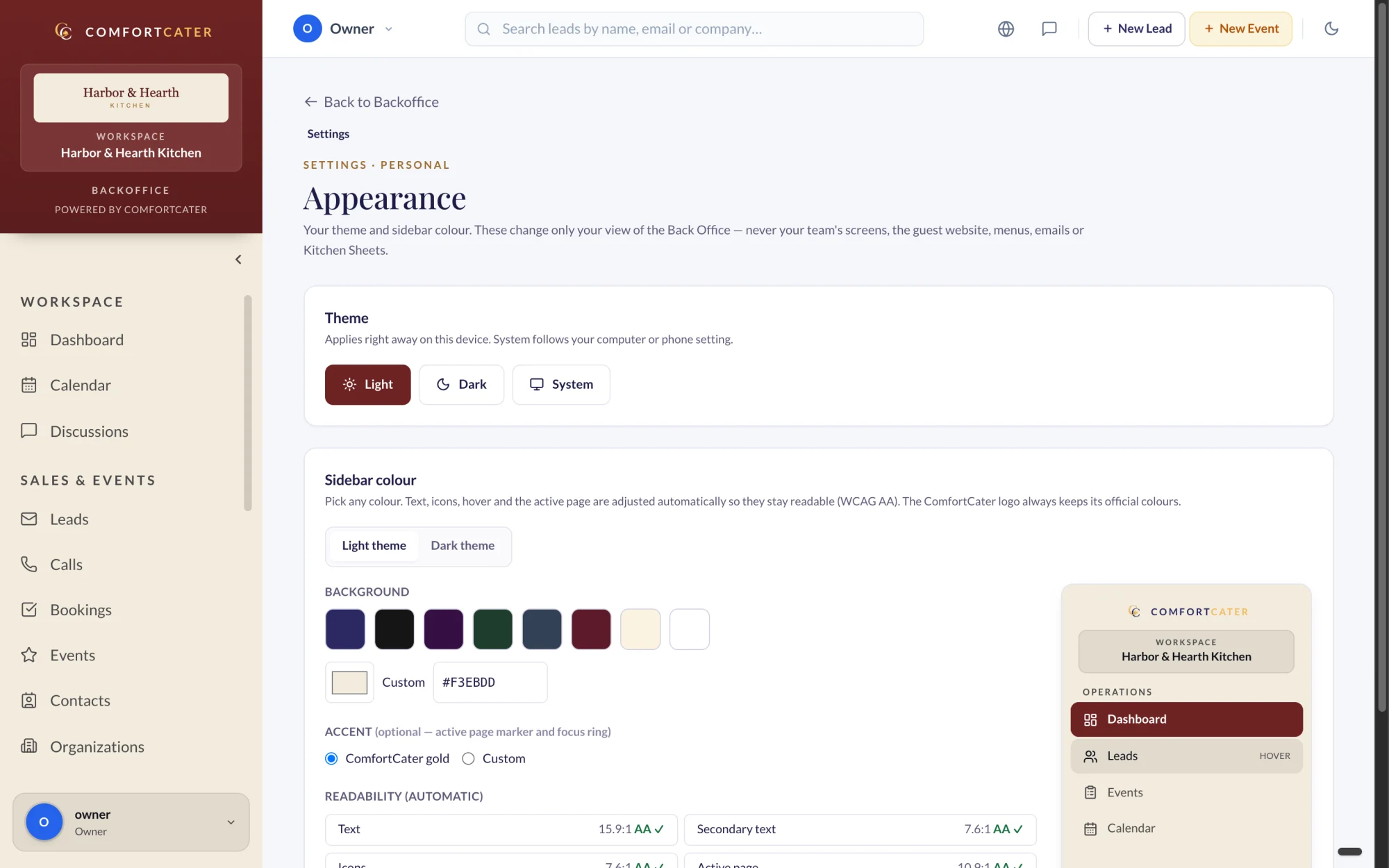 Appearance settings: colors, logo and fonts, Heritage design
