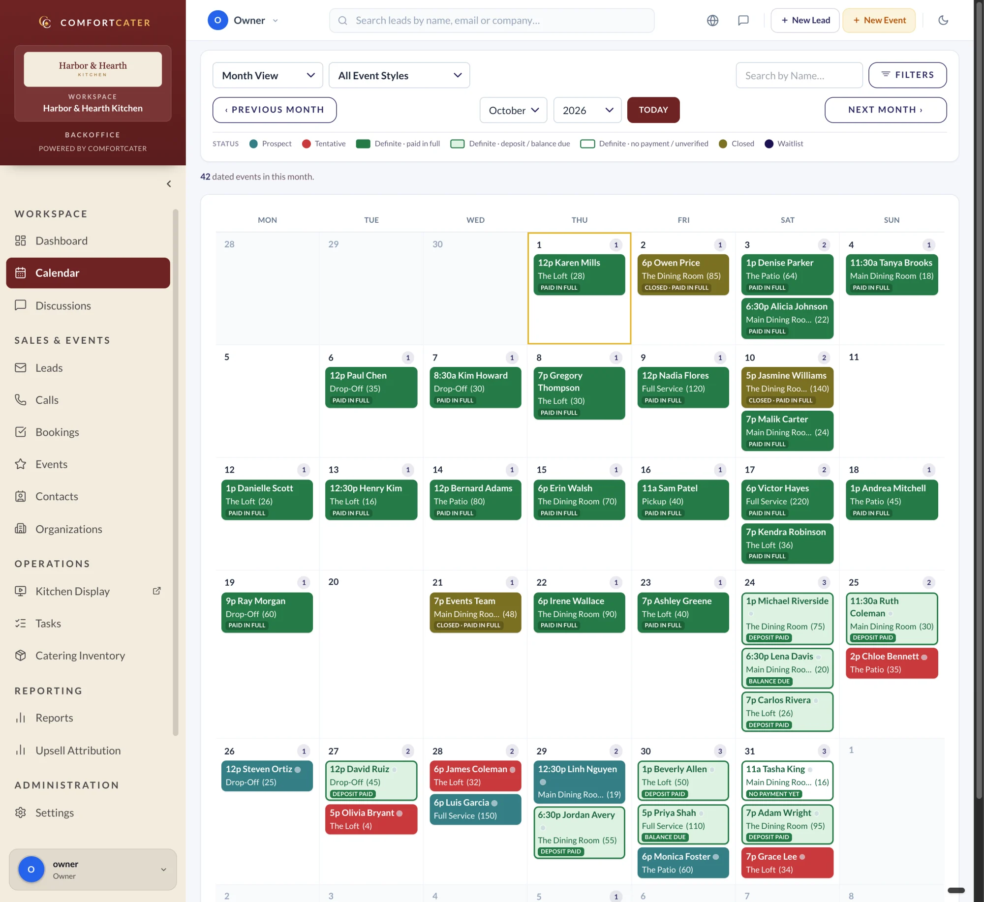 Event calendar with this month’s bookings, Heritage design