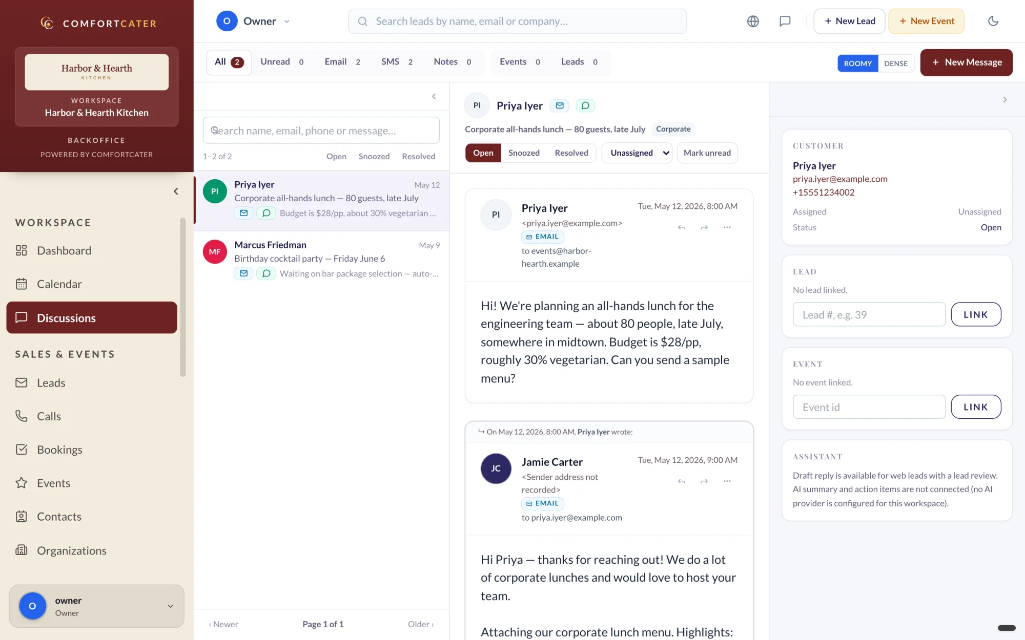 Discussions inbox: email, text and notes per guest, linked to events, Heritage design