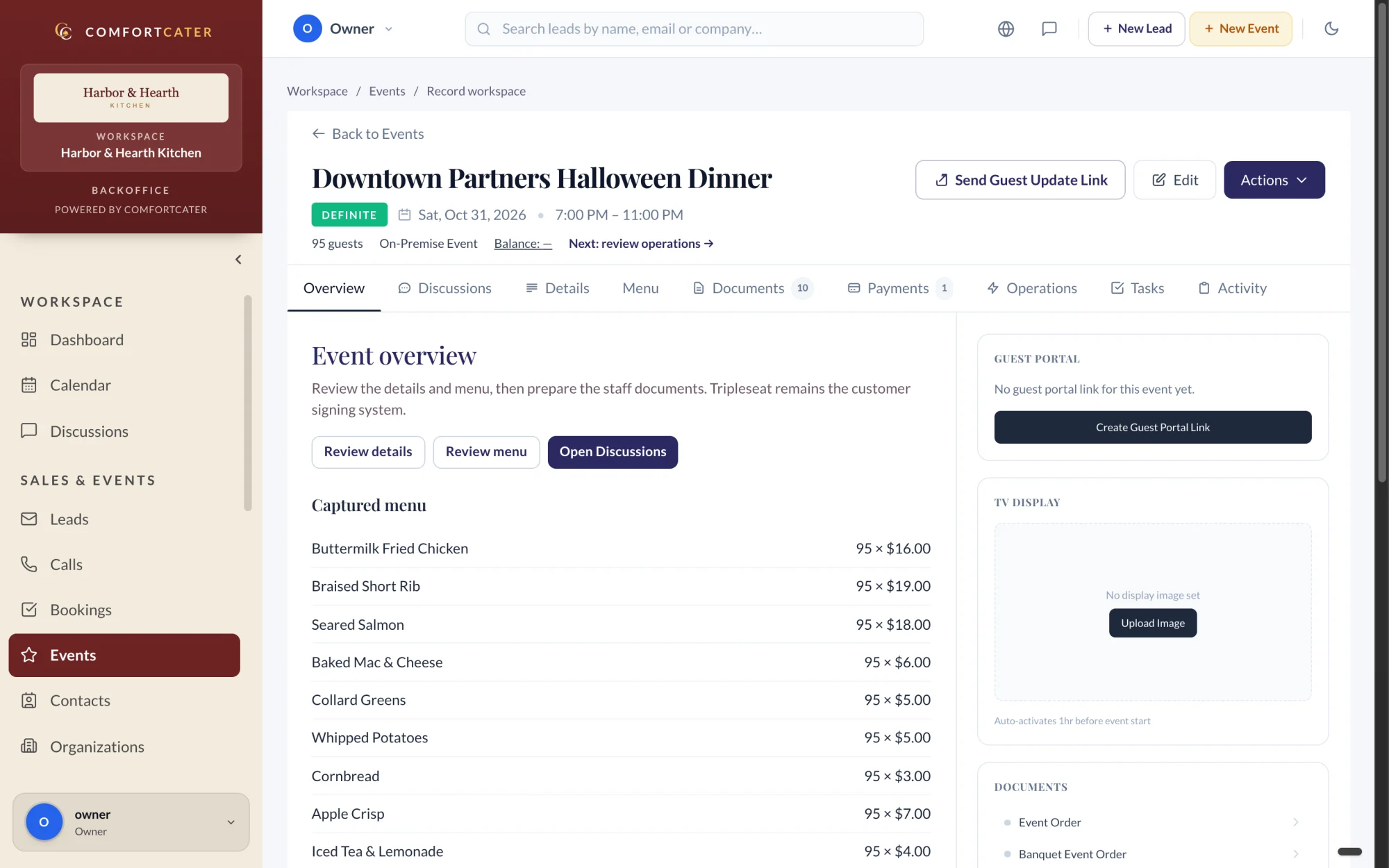 Event profile with status, guests, menu and the guest portal link, Heritage design