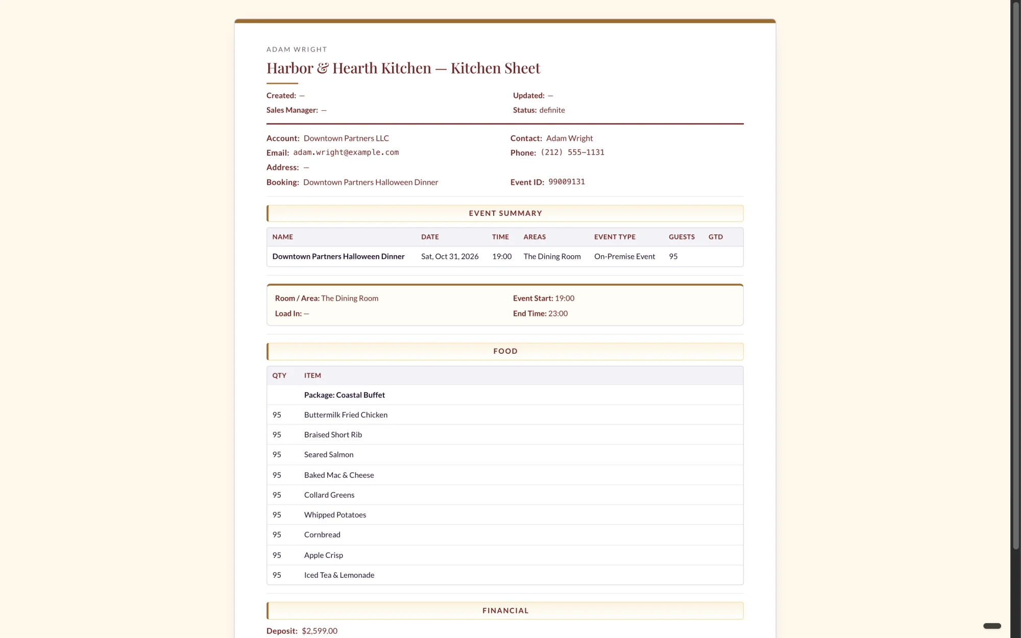 Kitchen sheet generated from the event, Heritage design